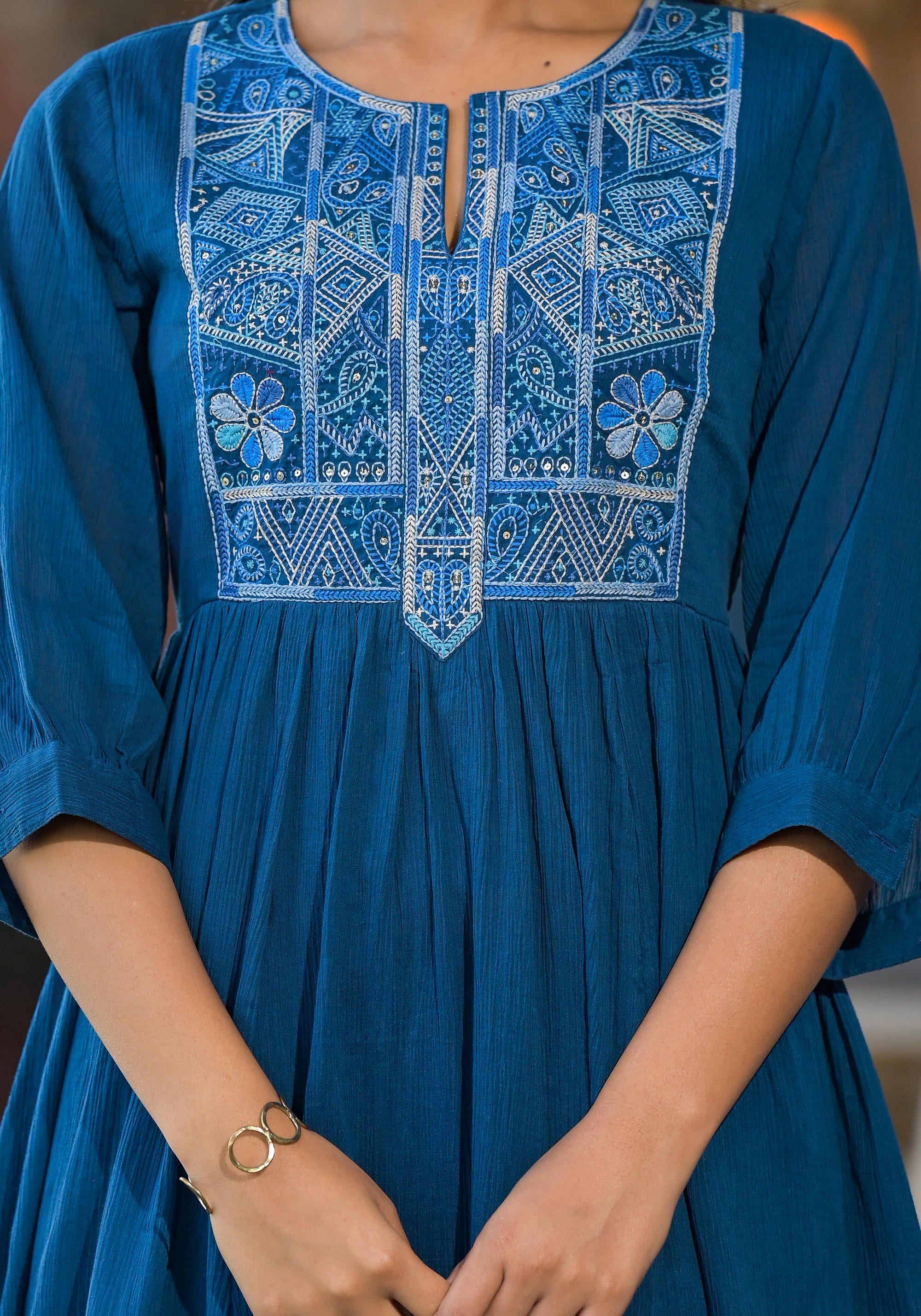 Juniper Women's Indigo Solid Cotton Long Dress With Thread Embroidery - Distacart