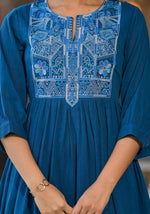 Thumbnail for Juniper Women's Indigo Solid Cotton Long Dress With Thread Embroidery - Distacart