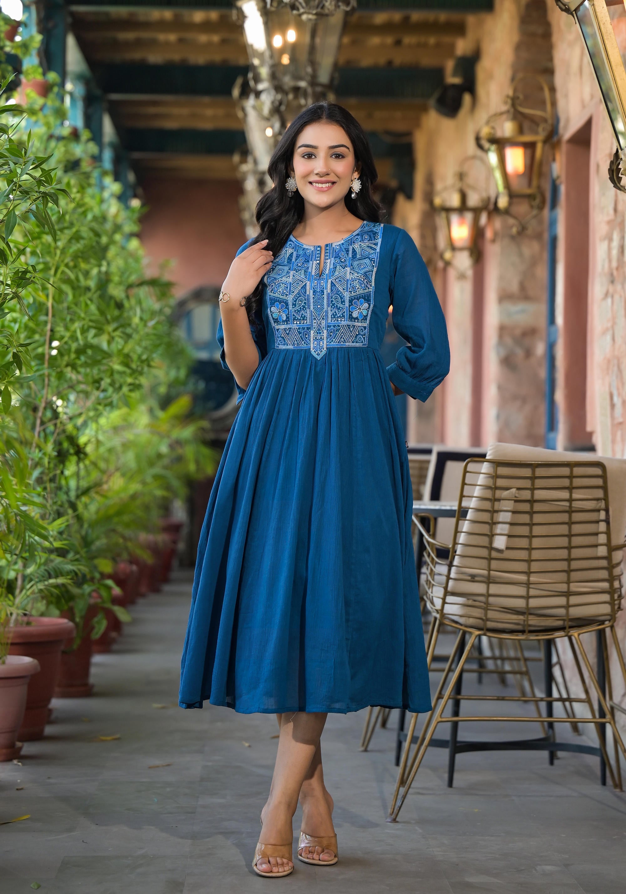 Juniper Women's Indigo Solid Cotton Long Dress With Thread Embroidery - Distacart