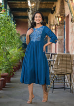 Thumbnail for Juniper Women's Indigo Solid Cotton Long Dress With Thread Embroidery - Distacart