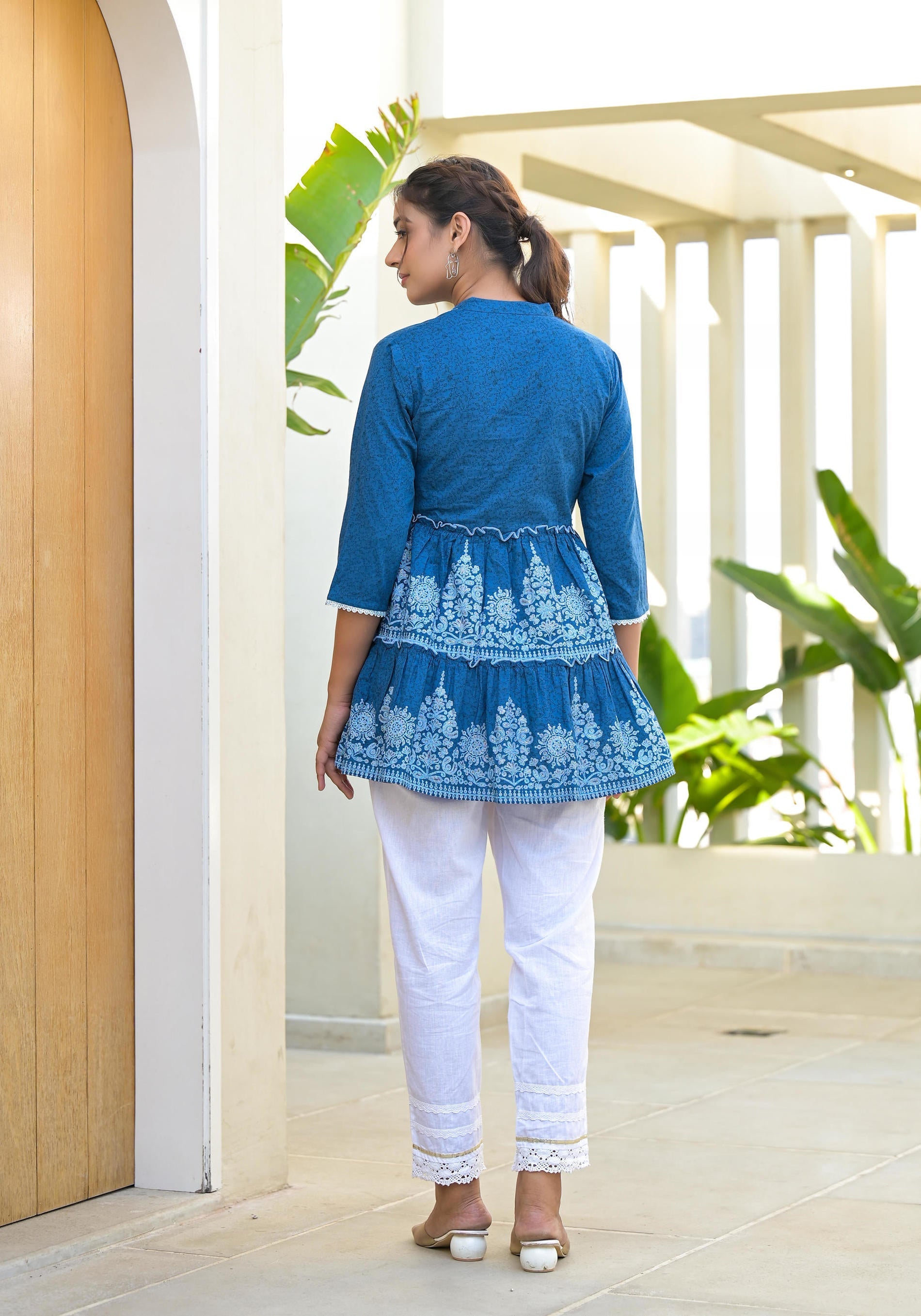 Juniper Indigo Ethnic Motif Printed Cotton Tunic With Thread Work & Sequins - Distacart