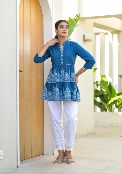 Juniper Indigo Ethnic Motif Printed Cotton Tunic With Thread Work & Sequins