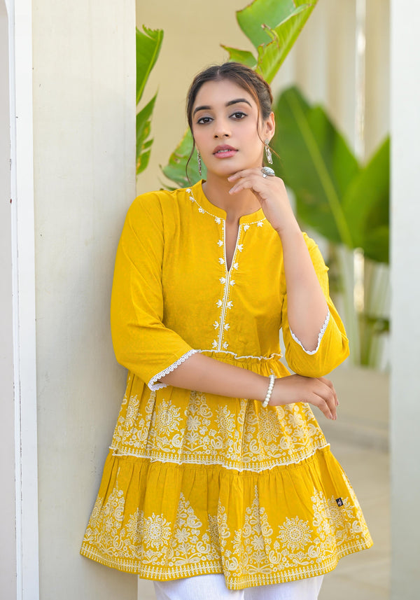 Juniper Mustard Ethnic Motif Printed Cotton Tunic With Thread Work & Sequins