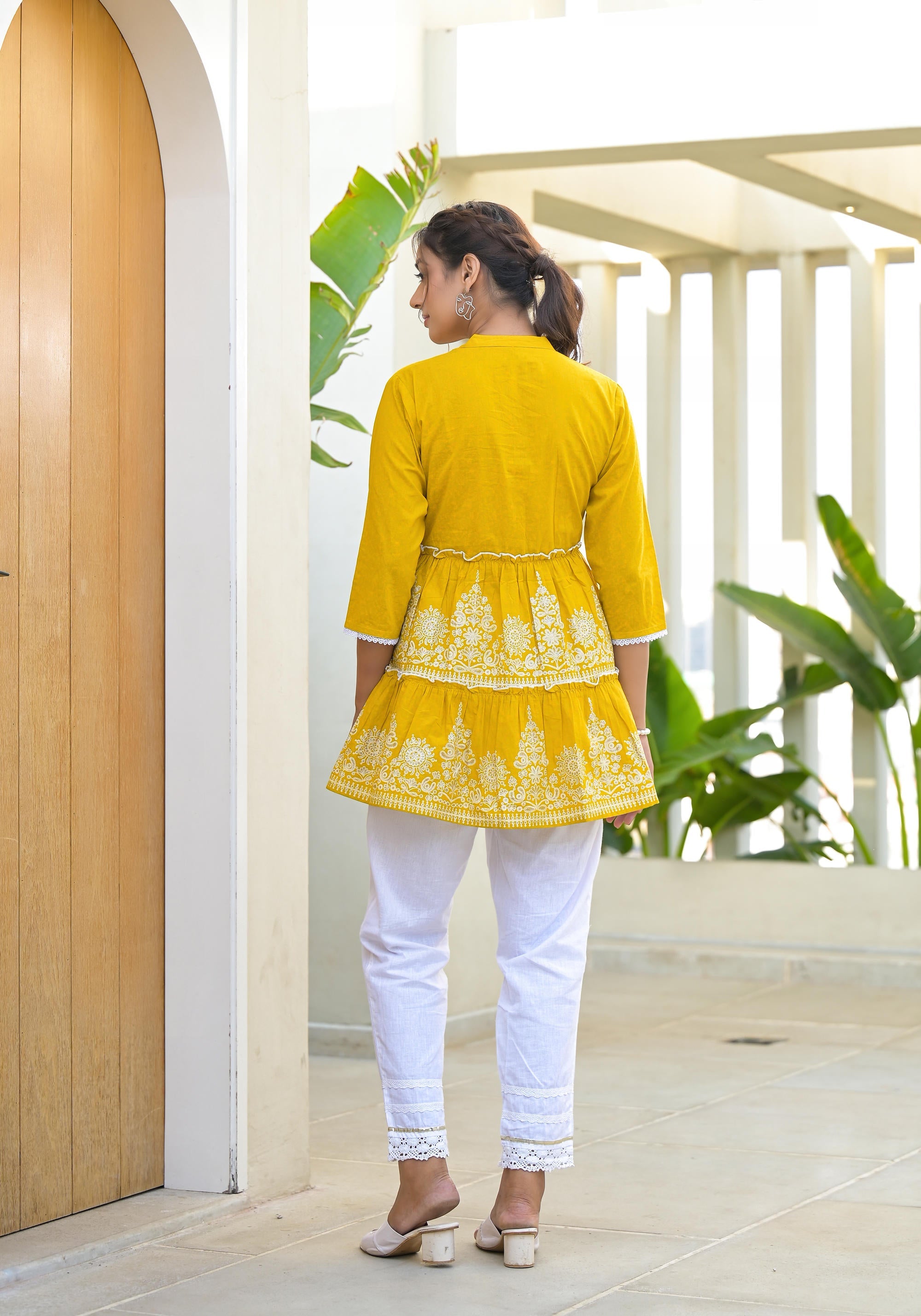 Juniper Mustard Ethnic Motif Printed Cotton Tunic With Thread Work & Sequins - Distacart