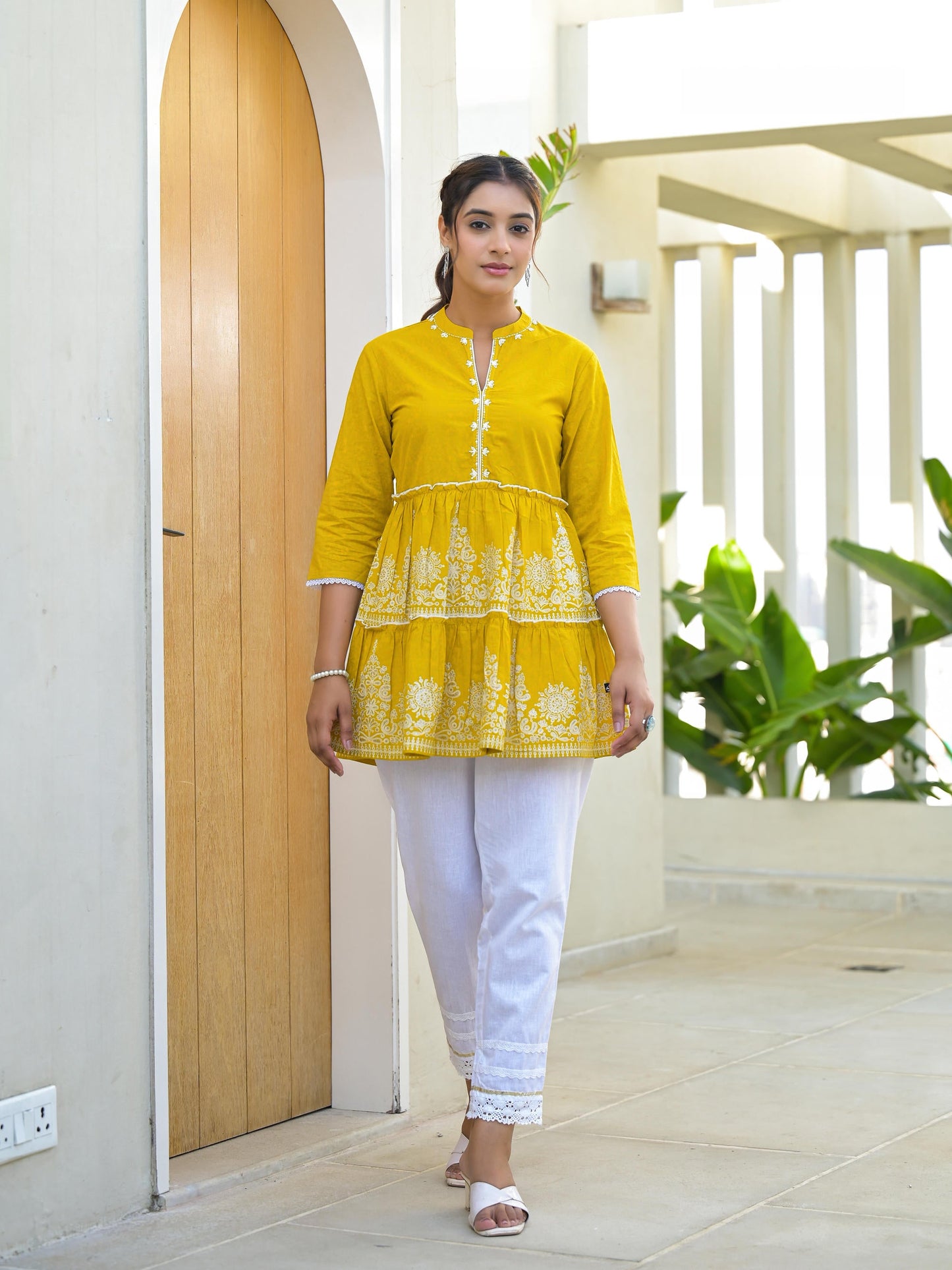 Juniper Mustard Ethnic Motif Printed Cotton Tunic With Thread Work & Sequins - Distacart