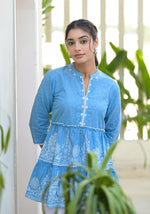 Thumbnail for Juniper Powder Blue Ethnic Motif Printed Cotton Tunic With Thread Work & Sequins - Distacart