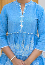 Thumbnail for Juniper Powder Blue Ethnic Motif Printed Cotton Tunic With Thread Work & Sequins - Distacart