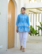 Thumbnail for Juniper Powder Blue Ethnic Motif Printed Cotton Tunic With Thread Work & Sequins - Distacart