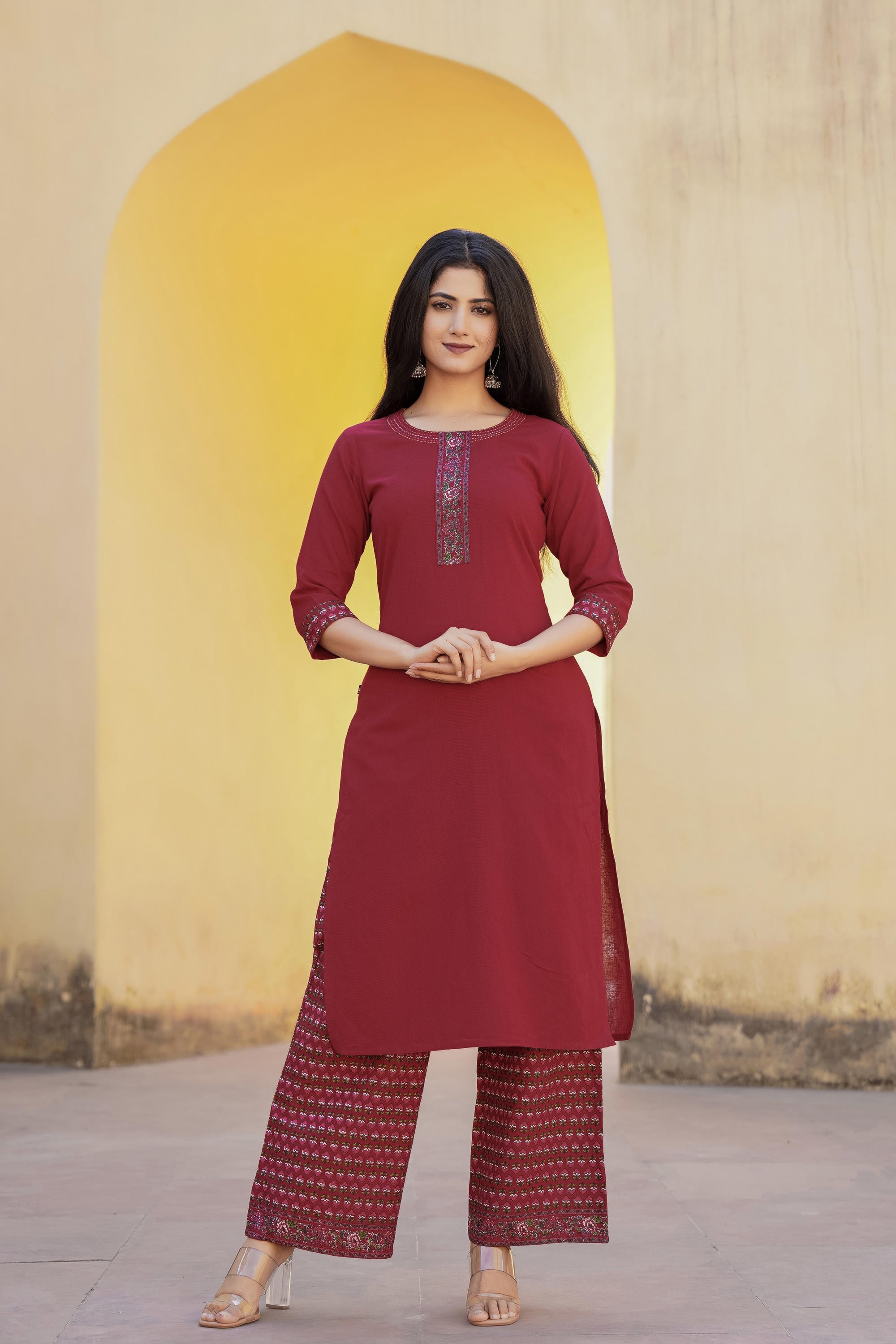 Juniper Maroon Floral Printed Viscose Kurta & Palazzo With Thread Work - Distacart
