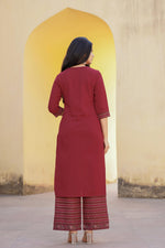 Thumbnail for Juniper Maroon Floral Printed Viscose Kurta & Palazzo With Thread Work - Distacart