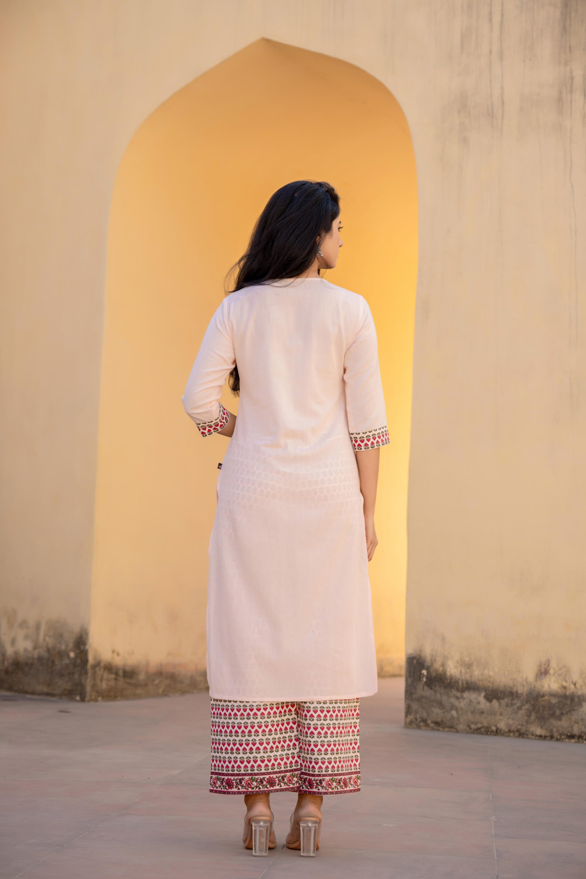 Juniper Peach Floral Printed Viscose Kurta & Palazzo With Thread Work - Distacart