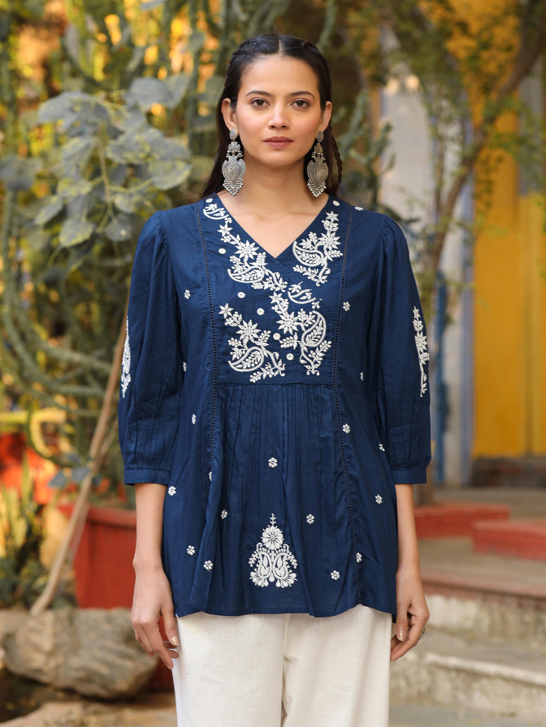 Juniper Blue Embroidered V-Neck Peasant Tunic With 3/4 Sleeves - Distacart