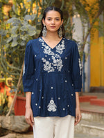 Thumbnail for Juniper Blue Embroidered V-Neck Peasant Tunic With 3/4 Sleeves - Distacart