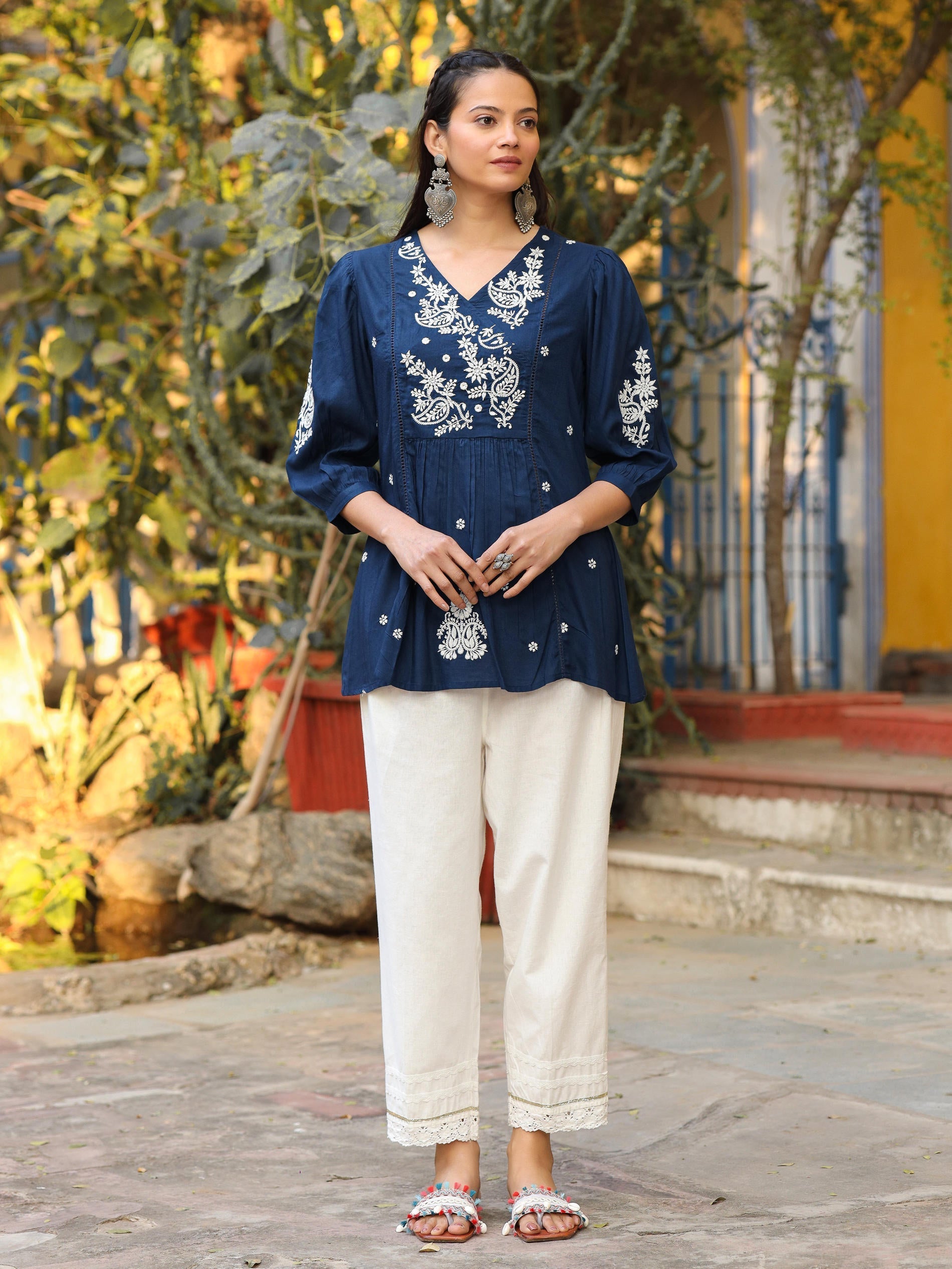 Juniper Blue Embroidered V-Neck Peasant Tunic With 3/4 Sleeves - Distacart