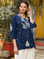 Thumbnail for Juniper Blue Embroidered V-Neck Peasant Tunic With 3/4 Sleeves - Distacart