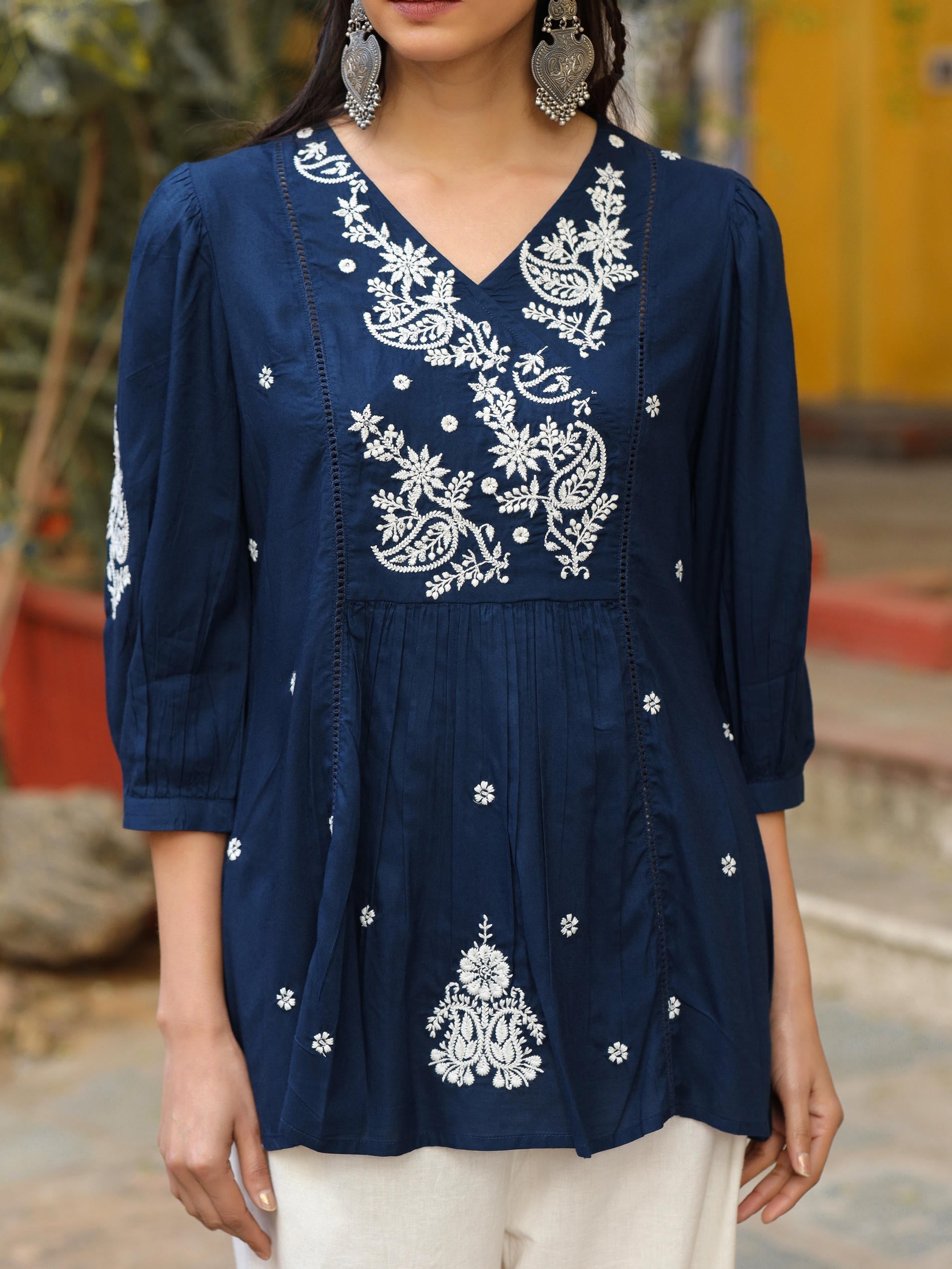 Juniper Blue Embroidered V-Neck Peasant Tunic With 3/4 Sleeves - Distacart