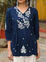 Thumbnail for Juniper Blue Embroidered V-Neck Peasant Tunic With 3/4 Sleeves - Distacart