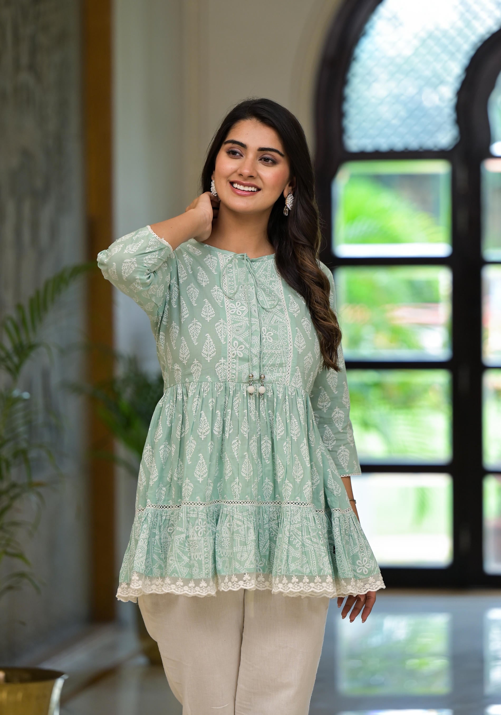 Juniper Mint Mist Ikat Tunic With Lace Detailing - Distacart