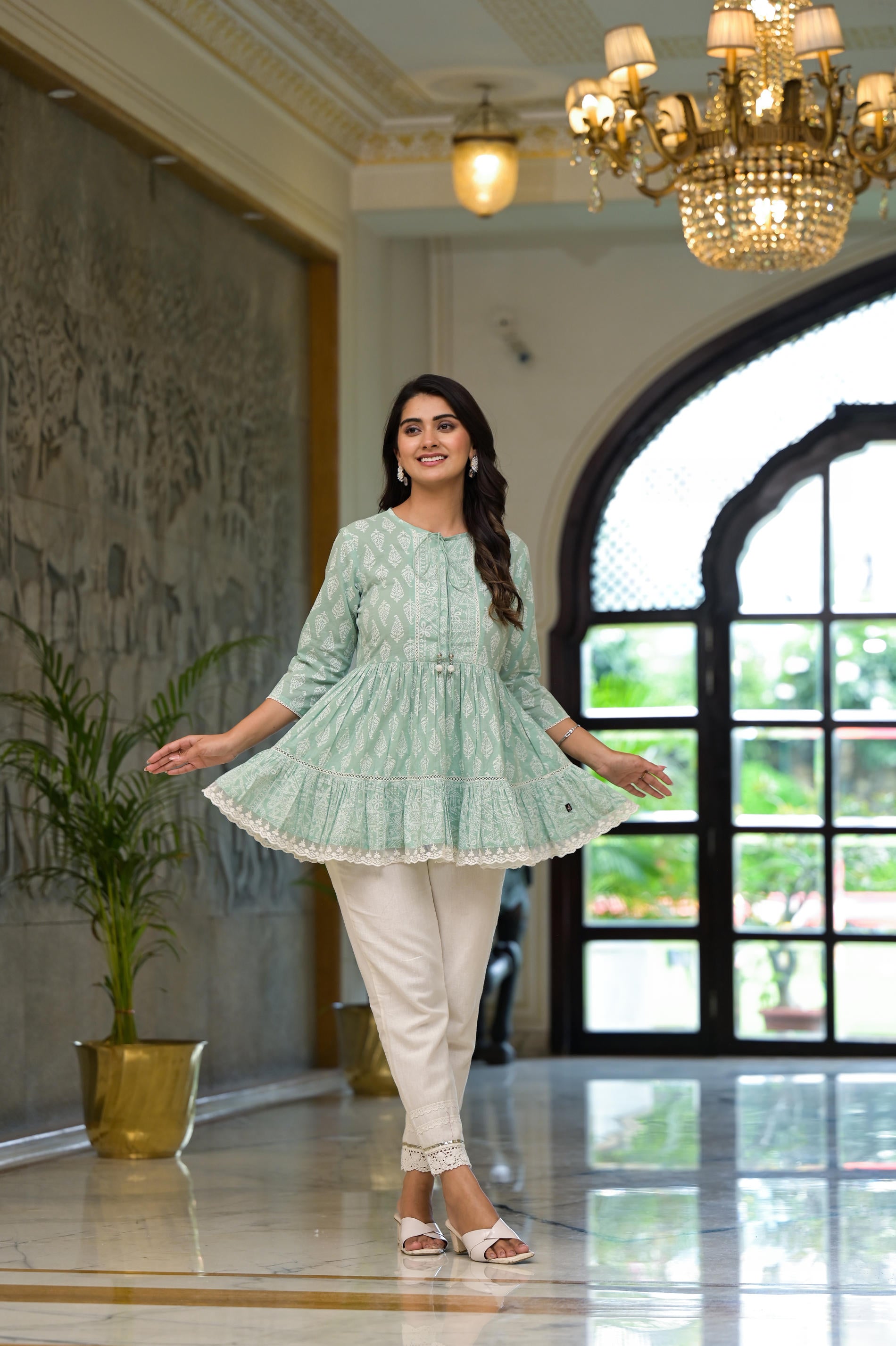 Juniper Mint Mist Ikat Tunic With Lace Detailing