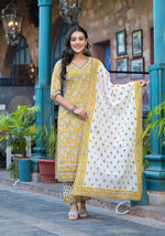 Thumbnail for Juniper Mustard Floral Printed Cotton Kurta Pant And Dupatta Set With Lace