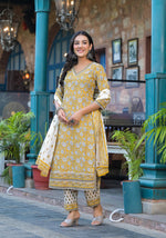 Thumbnail for Juniper Mustard Floral Printed Cotton Kurta Pant And Dupatta Set With Lace