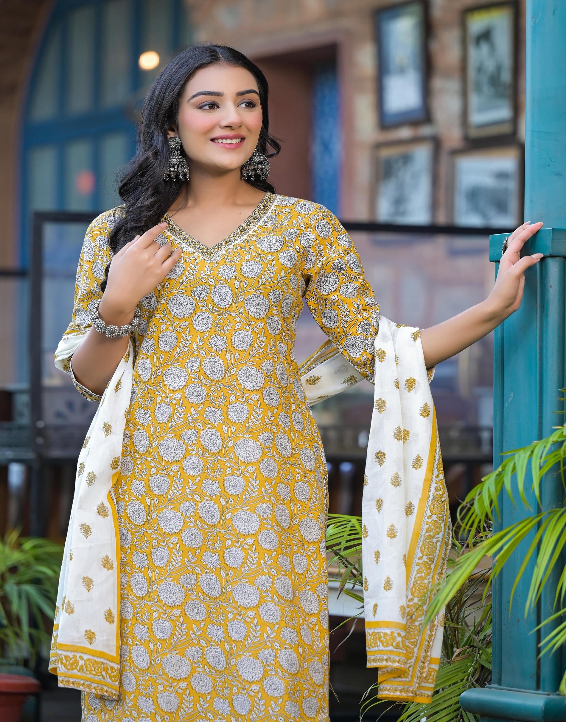 Juniper Mustard Floral Printed Cotton Kurta Pant And Dupatta Set With Lace