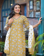 Thumbnail for Juniper Mustard Floral Printed Cotton Kurta Pant And Dupatta Set With Lace