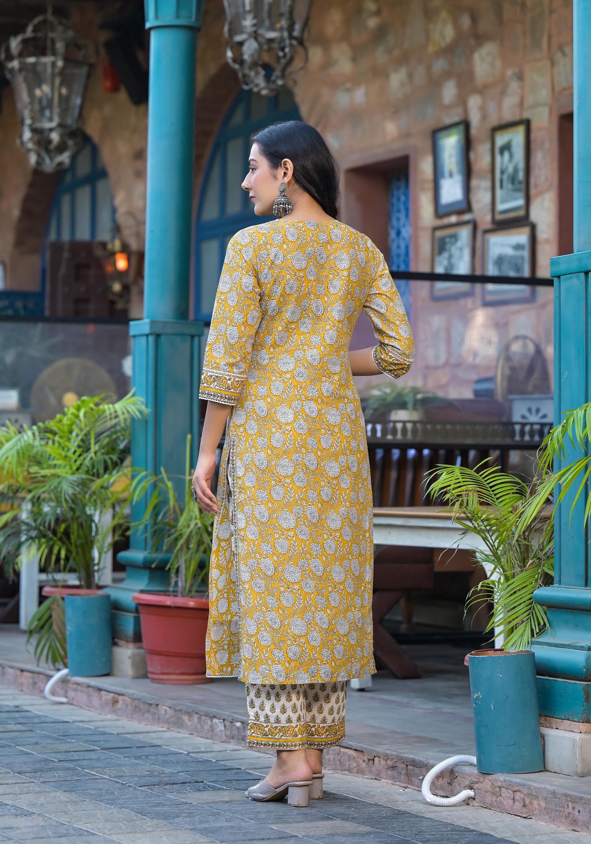 Juniper Mustard Floral Printed Cotton Kurta Pant And Dupatta Set With Lace