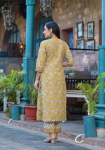 Thumbnail for Juniper Mustard Floral Printed Cotton Kurta Pant And Dupatta Set With Lace