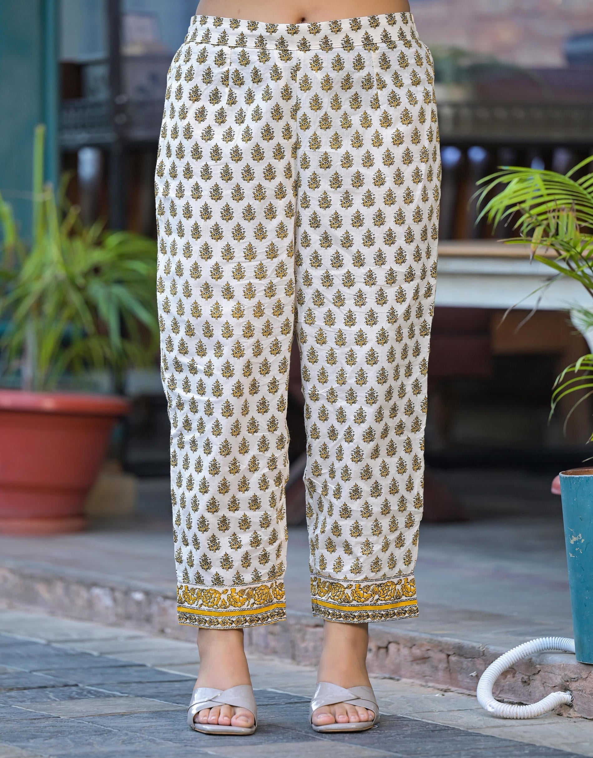 Juniper Mustard Floral Printed Cotton Kurta Pant And Dupatta Set With Lace