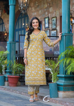 Thumbnail for Juniper Mustard Floral Printed Cotton Kurta Pant And Dupatta Set With Lace