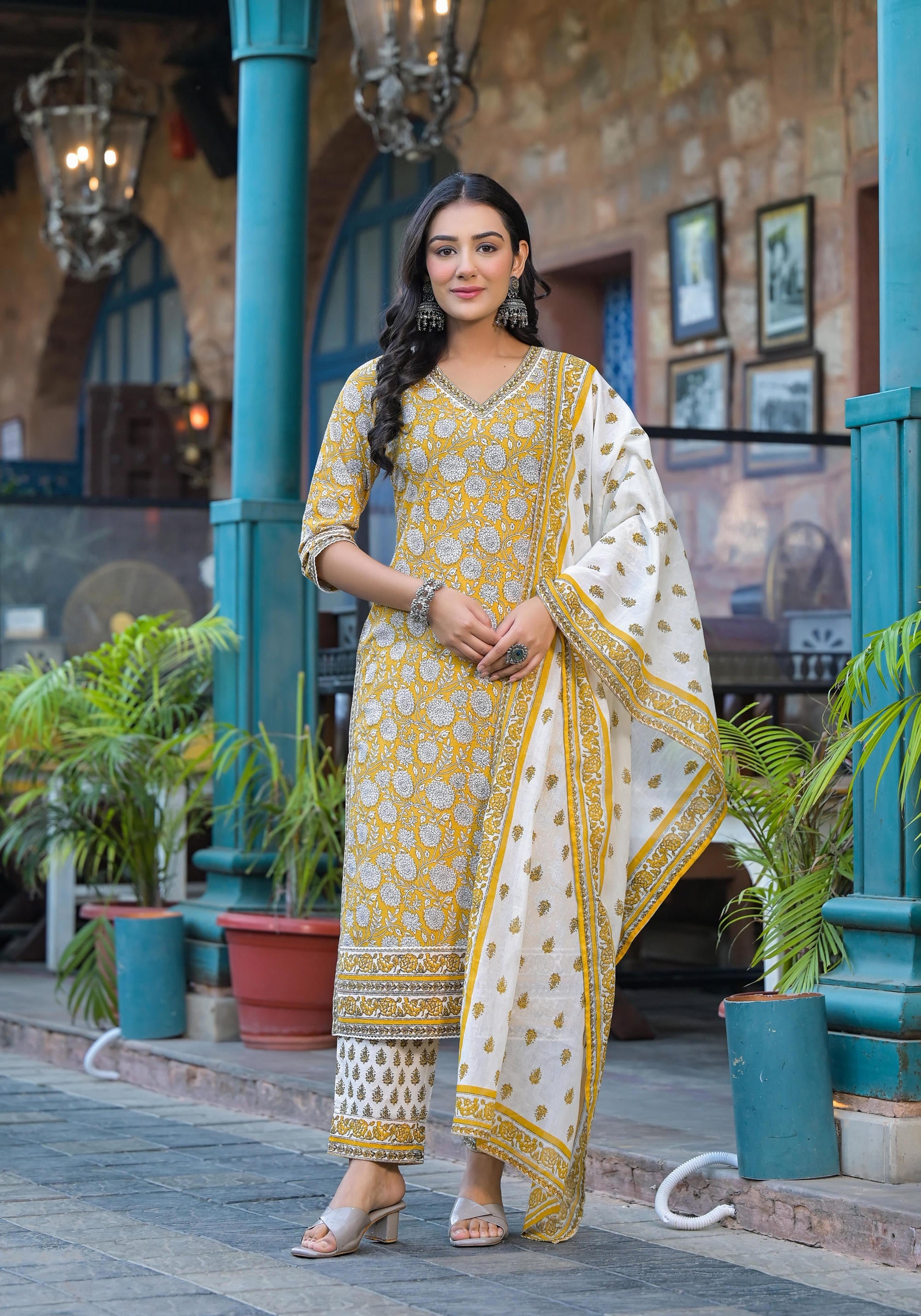 Juniper Mustard Floral Printed Cotton Kurta Pant And Dupatta Set With Lace