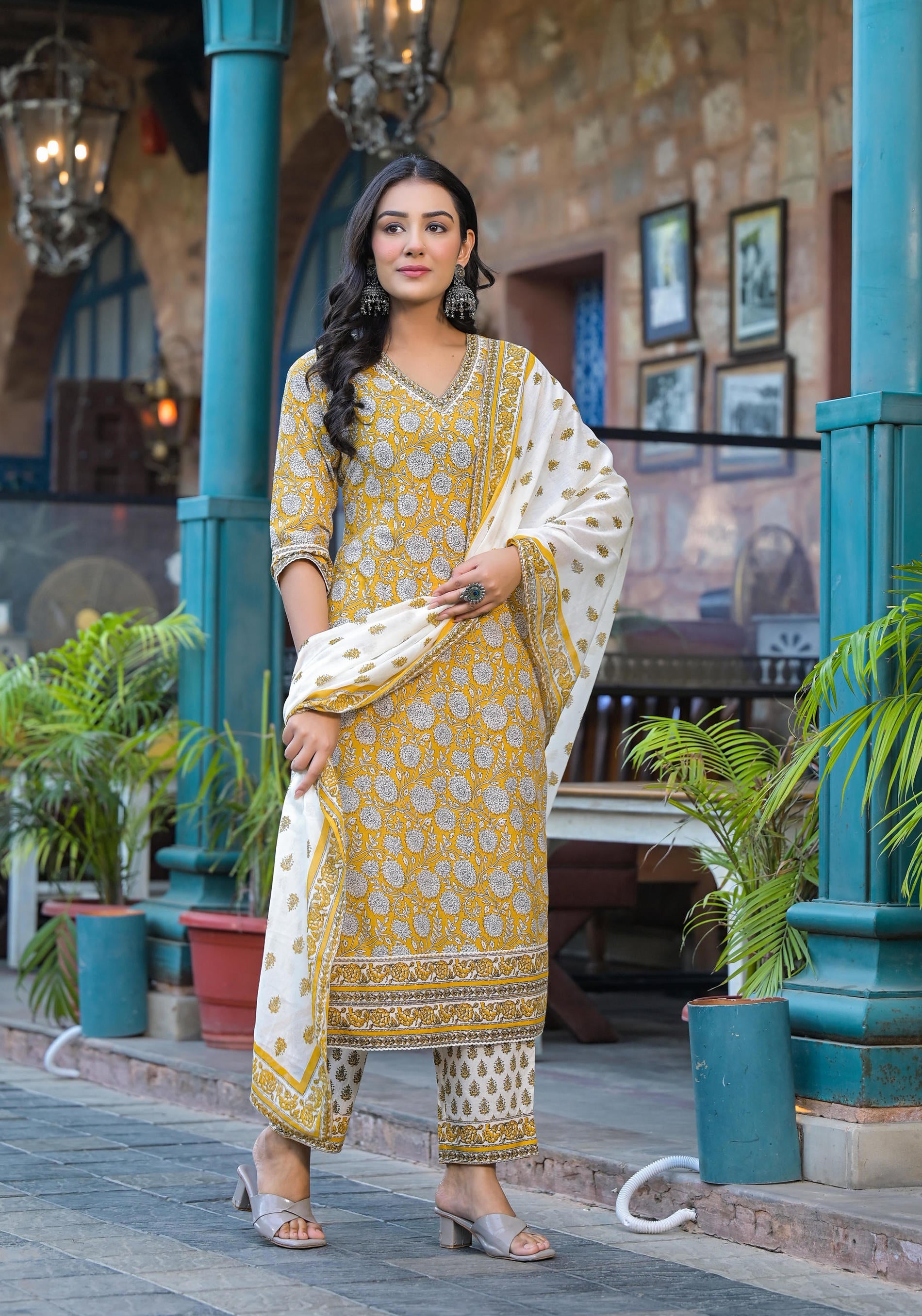 Juniper Mustard Floral Printed Cotton Kurta Pant And Dupatta Set With Lace