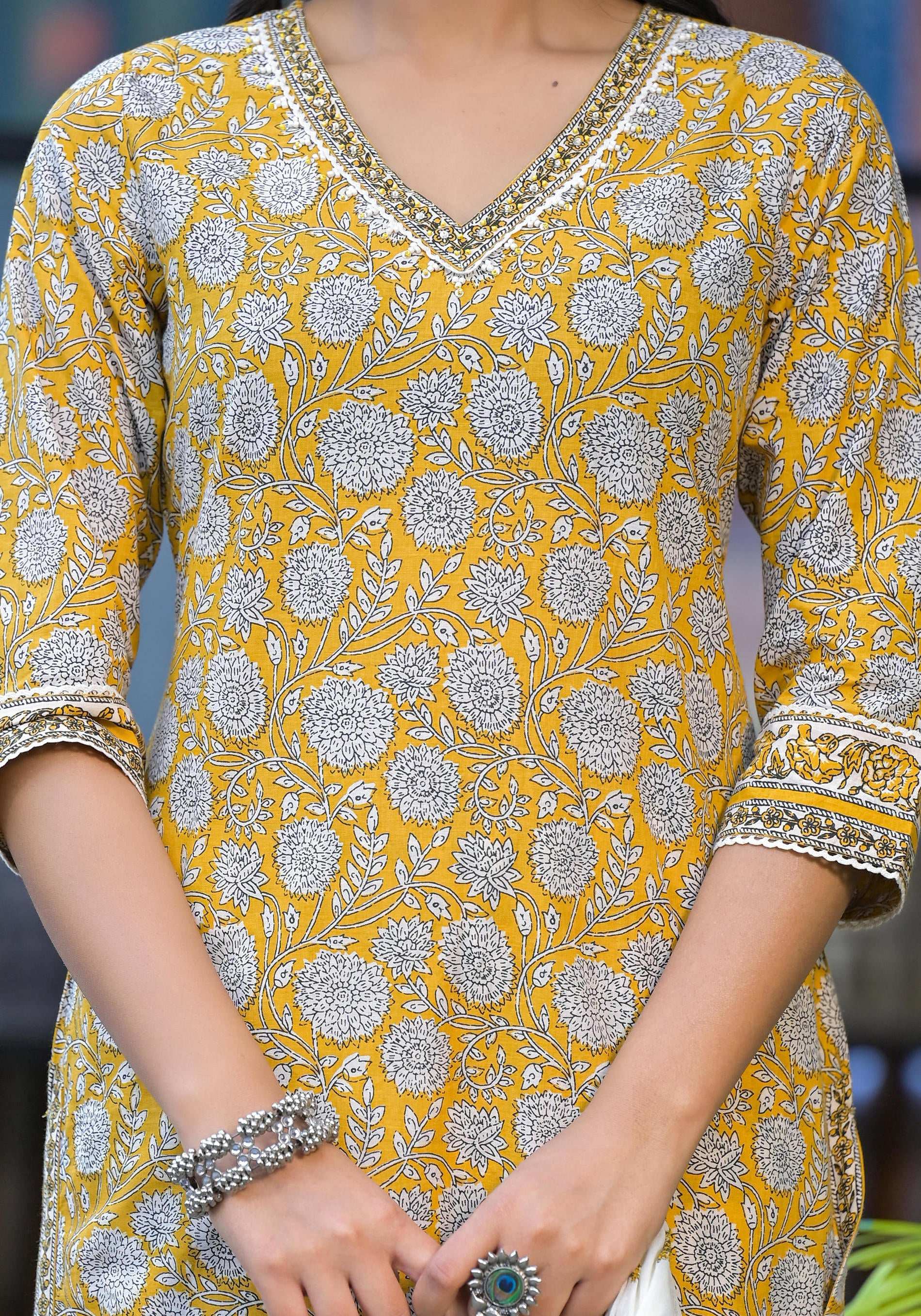 Juniper Mustard Floral Printed Cotton Kurta Pant And Dupatta Set With Lace