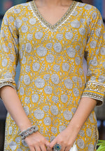 Thumbnail for Juniper Mustard Floral Printed Cotton Kurta Pant And Dupatta Set With Lace