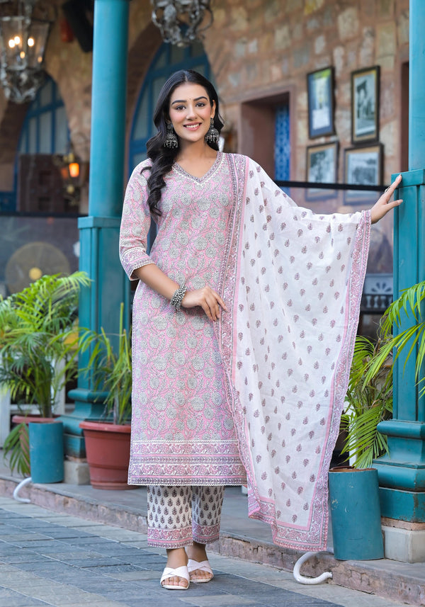 Juniper Pink Floral Printed Cotton Kurta Pant And Dupatta Set With Lace - Distacart