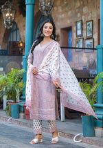 Thumbnail for Juniper Pink Floral Printed Cotton Kurta Pant And Dupatta Set With Lace - Distacart
