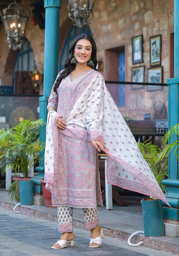 Juniper Pink Floral Printed Cotton Kurta Pant And Dupatta Set With Lace - Distacart