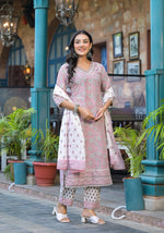 Thumbnail for Juniper Pink Floral Printed Cotton Kurta Pant And Dupatta Set With Lace - Distacart