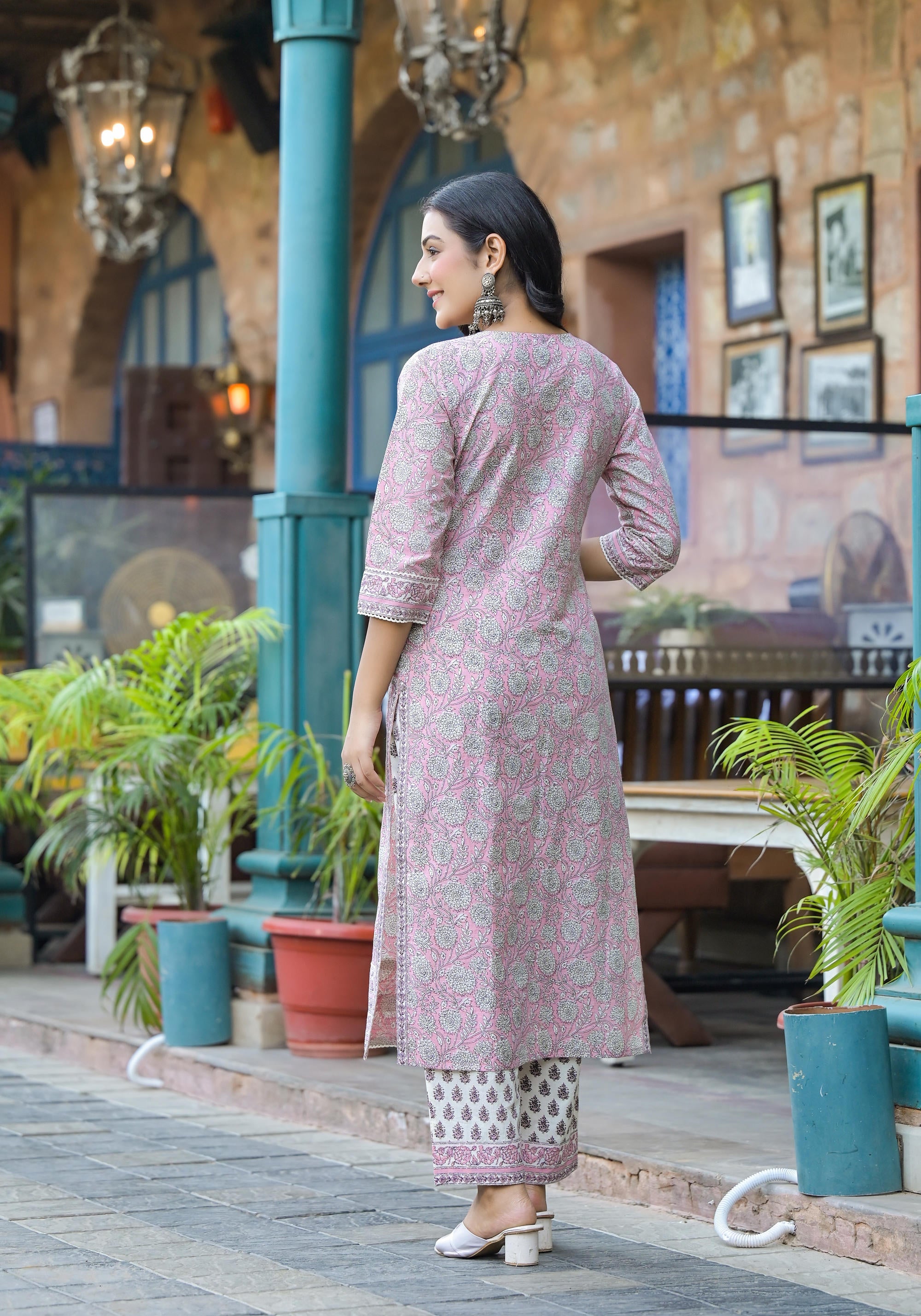 Juniper Pink Floral Printed Cotton Kurta Pant And Dupatta Set With Lace - Distacart