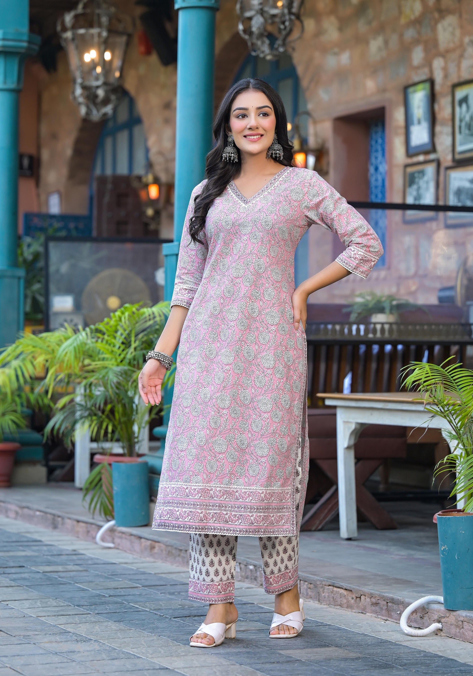 Juniper Pink Floral Printed Cotton Kurta Pant And Dupatta Set With Lace - Distacart