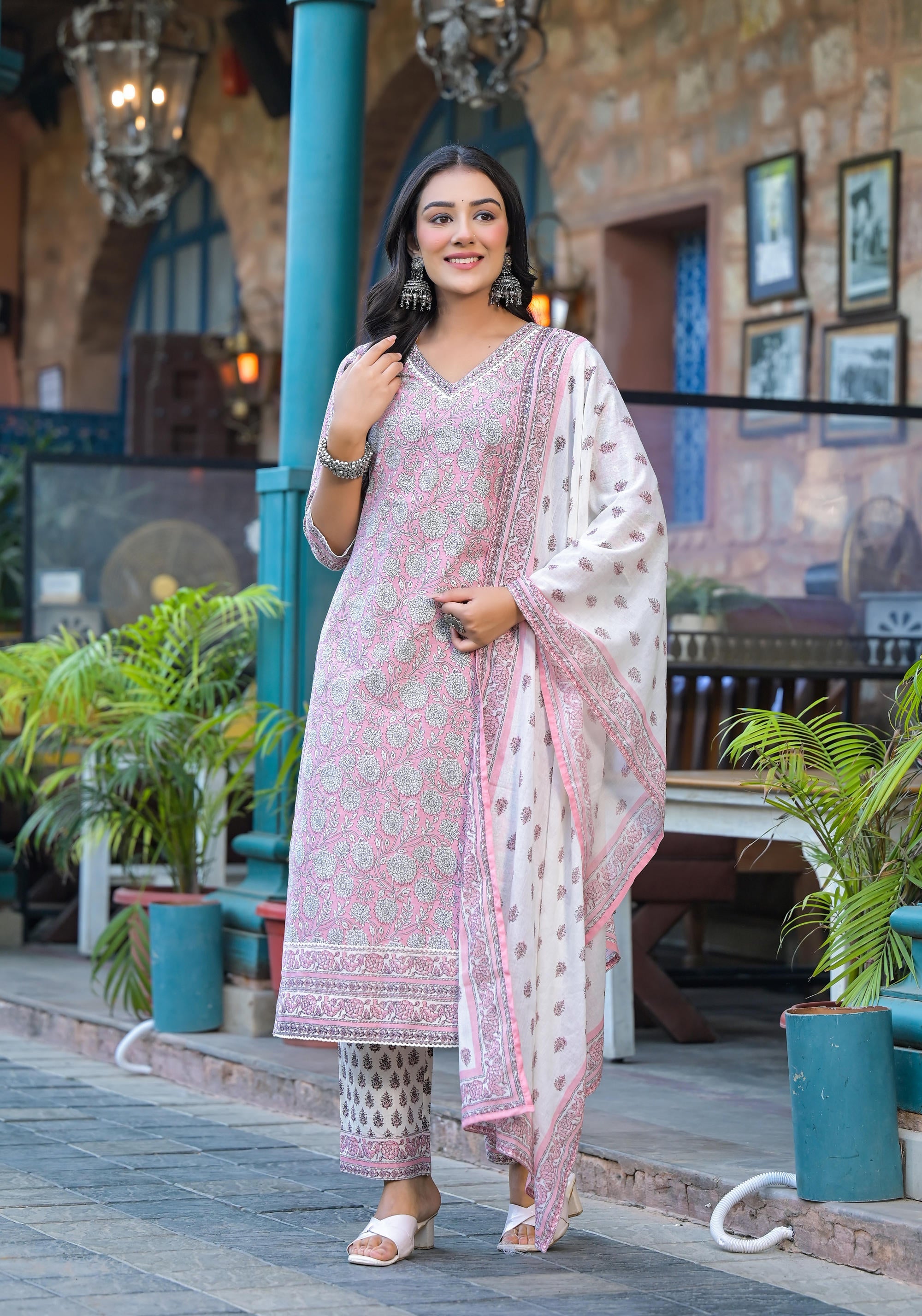 Juniper Pink Floral Printed Cotton Kurta Pant And Dupatta Set With Lace - Distacart