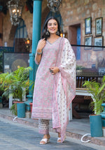 Thumbnail for Juniper Pink Floral Printed Cotton Kurta Pant And Dupatta Set With Lace - Distacart