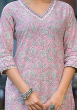 Thumbnail for Juniper Pink Floral Printed Cotton Kurta Pant And Dupatta Set With Lace - Distacart
