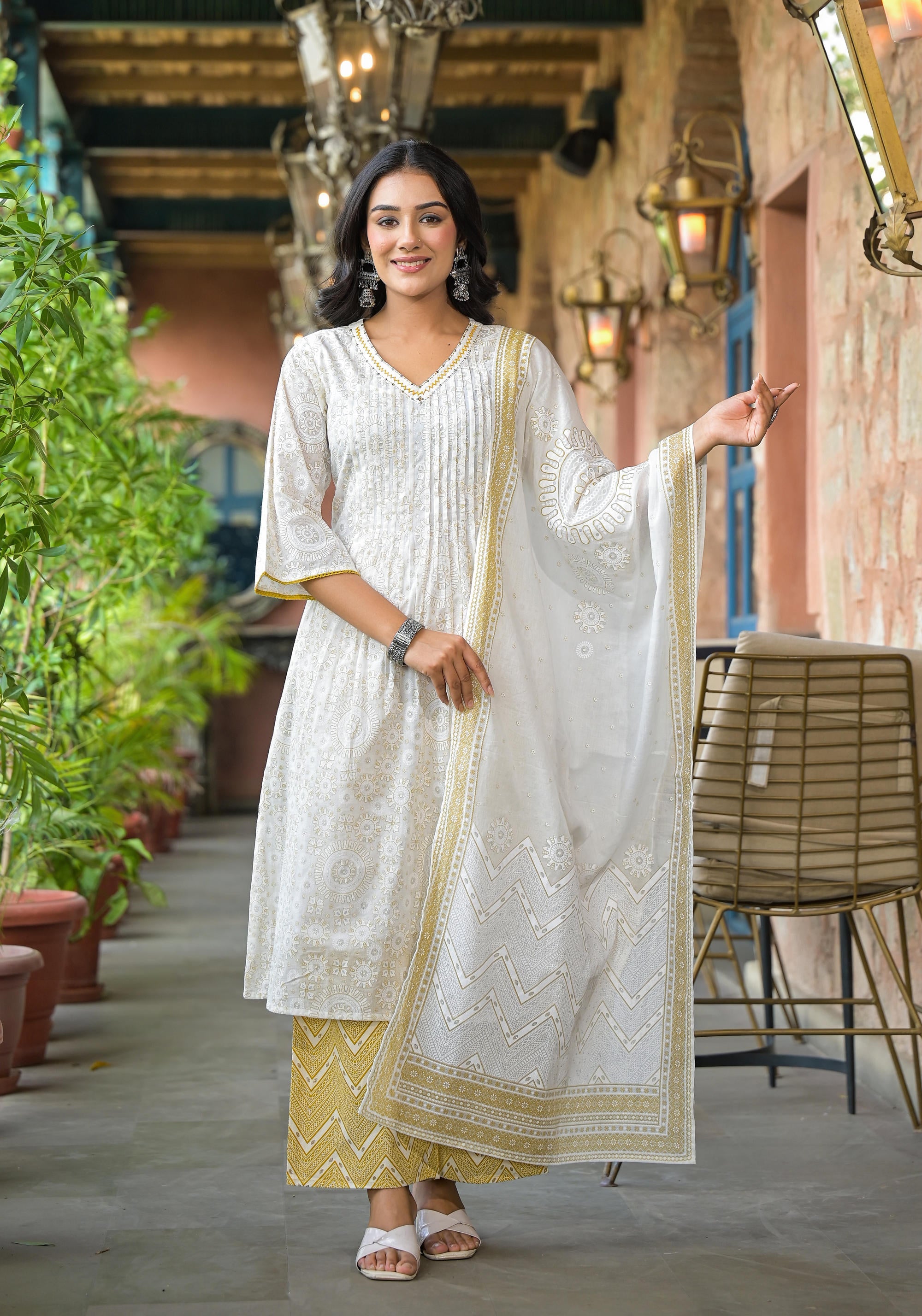 Juniper Women's Off White Abstract Printed Cotton Kurta Pant And Dupatta Set With Sequins & Thread Work - Distacart