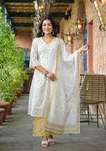 Thumbnail for Juniper Off White Abstract Printed Cotton Kurta Pant And Dupatta Set With Sequins & Thread Work - Distacart