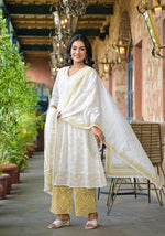 Thumbnail for Juniper Off White Abstract Printed Cotton Kurta Pant And Dupatta Set With Sequins & Thread Work - Distacart