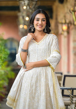 Thumbnail for Juniper Off White Abstract Printed Cotton Kurta Pant And Dupatta Set With Sequins & Thread Work - Distacart