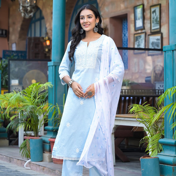 Juniper Women's Sky Blue Solid Cotton Kurta Pant And Dupatta Set With Thread Embroidery - Distacart