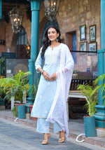 Thumbnail for Juniper Sky Blue Solid Cotton Kurta Pant And Dupatta Set With Thread Embroidery
